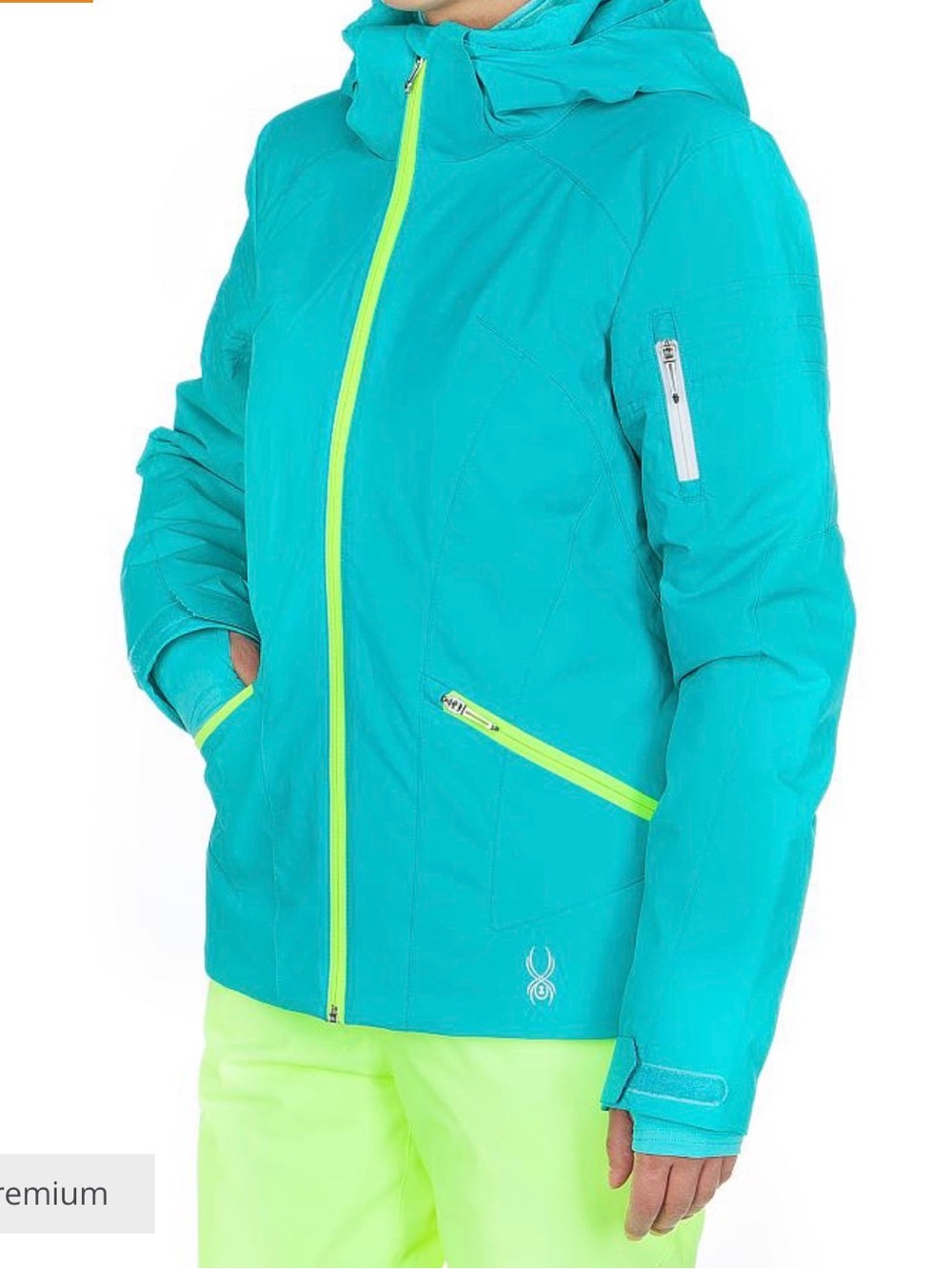 Womens Spyder Teal Hooded Winter Ski Jacket with Neon Yellow Zippers Size 6